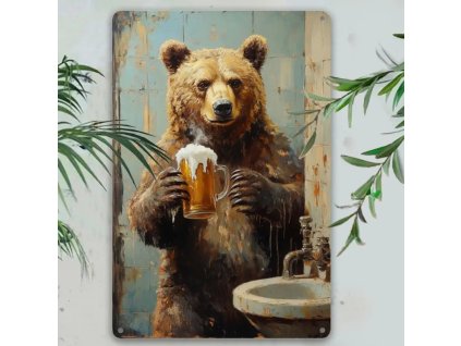 2D Kovová cedule Medvěd s pívem 30 x 20 cm