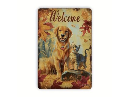 2D Kovová nástěnná cedule Welcome pes a kočka 30 x 20 cm