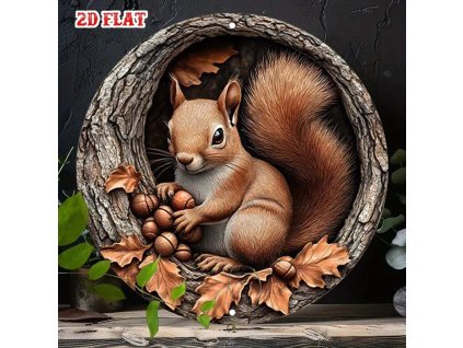Nástěnná kovová cedule Veverka s žaludy. Průměr 20 cm