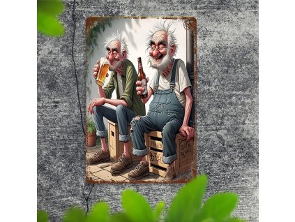 Kovová cedule Dědové s pívem - 20 x 30 cm. POŠKOZENO