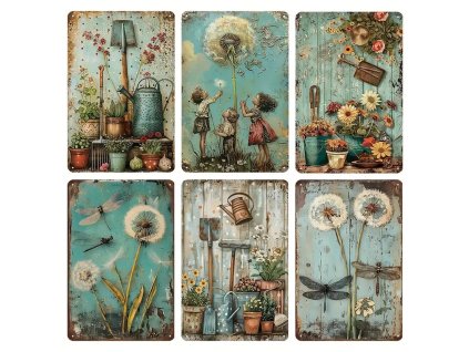 Soubor 6 kusů plechových cedulí. Pampelišky a květiny 20 x 30 cm