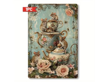 Plechová vintage cedule Myšky a čajové konvice 30 x 20 cm