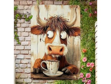 Plechová cedule Veselá káva s krávou 30 x 20cm. POŠKOZENO