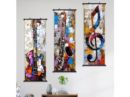 Soubor tří obrazů na plátně Noty a kytara