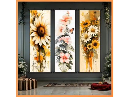Soubor tří obrazů na plátně Květiny a motýlci