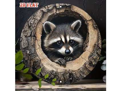 2D kulatá plechová cedule Mýval v dutině stromu. pr. 20 cm