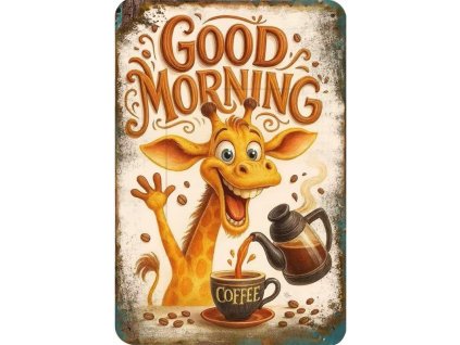 2D plechová cedule Dobré ráno s žirafou 20 x 30 cm