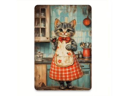 Plechová cedule Kočka kuchařka POŠKOZENO