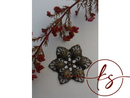 Filigrán / kovový výřez ozdobný květinový 35x30 mm, barva: bronz, stříbrná, zlatá