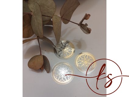 Filigrán / kovový výřez kulatý s květinovým vzorem 31 mm, stříbrný