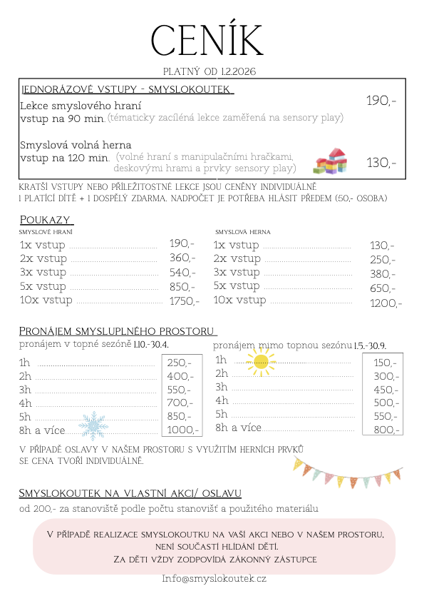 Ceník Smyslokoutku – smyslové hraní, volná herna, akce a dětské oslavy