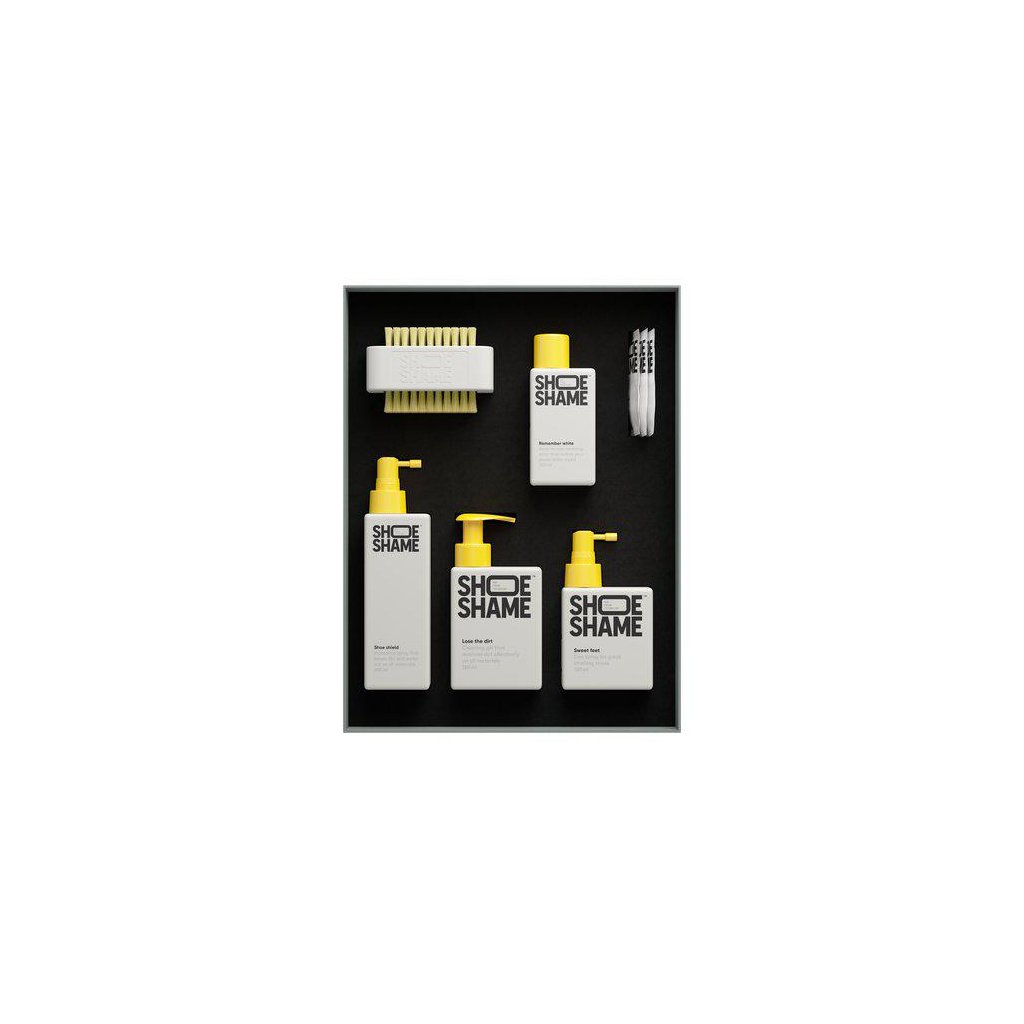 Ultimate Sneaker Maintenance kit gift box with all Shoe Shame products arranged inside