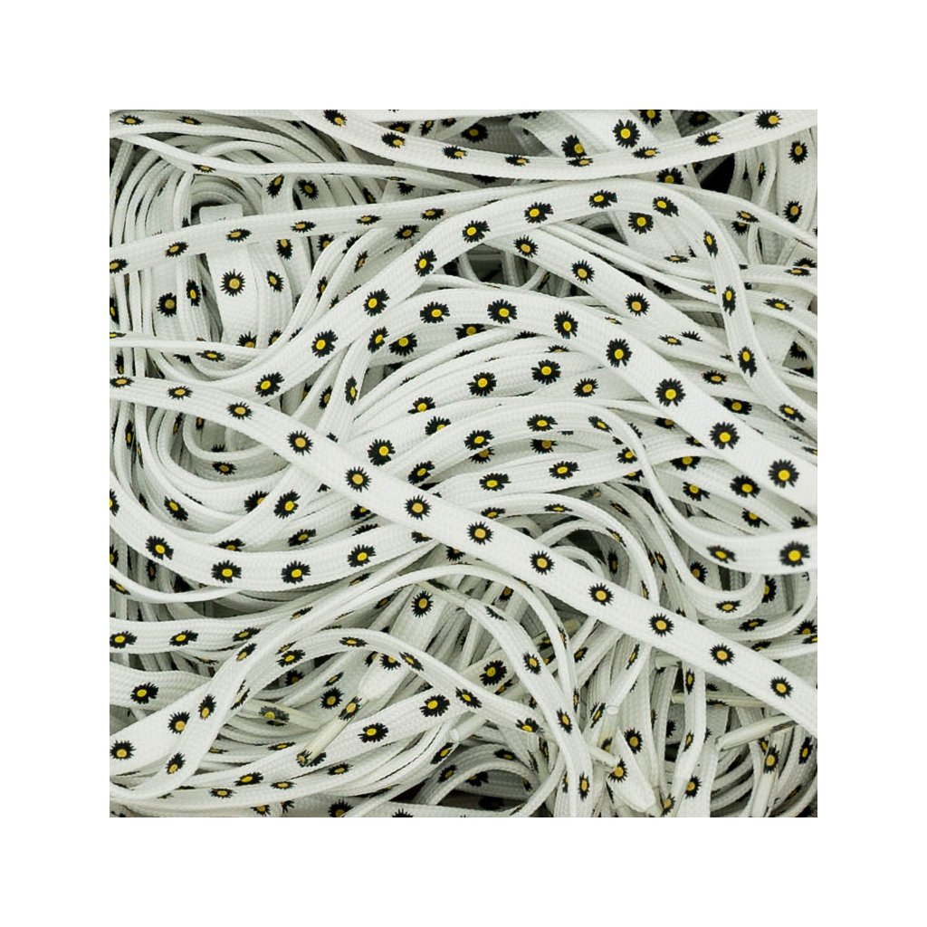 White Daisy flat shoelaces – white shoelaces with black flower print, 8 mm wide, 140 cm long