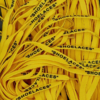 Yellow Off-White flat replacement shoelaces with “SHOELACES” print — crisp flat profile for Nike Air Force 1, Air Jordan 1, Dunk and Air Max.