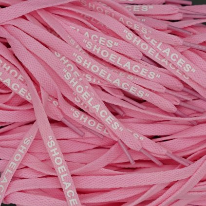 Pink Off-White flat replacement shoelaces with “SHOELACES” print — crisp flat profile for Nike Air Force 1, Air Jordan 1, Dunk and Air Max.