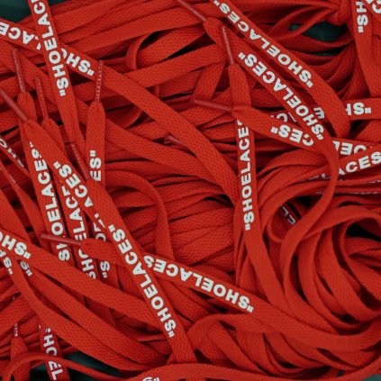 Red Off-White flat replacement shoelaces with “SHOELACES” print — clean flat profile for Nike Air Force 1, Air Jordan 1, Dunk and Air Max.
