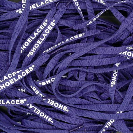 Purple Off-White flat replacement shoelaces with “SHOELACES” print — crisp flat profile for Nike Air Force 1, Air Jordan 1, Dunk and Air Max.