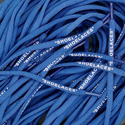 Blue Off-White oval replacement shoelaces with “SHOELACES” print — tuned for Nike Air Force 1, Air Jordan, Dunk and Air Max.