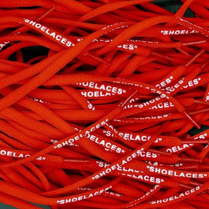 Red Off-White oval replacement shoelaces with “SHOELACES” print — built for Nike Air Force 1, Air Jordan, Dunk and Air Max low-tops.