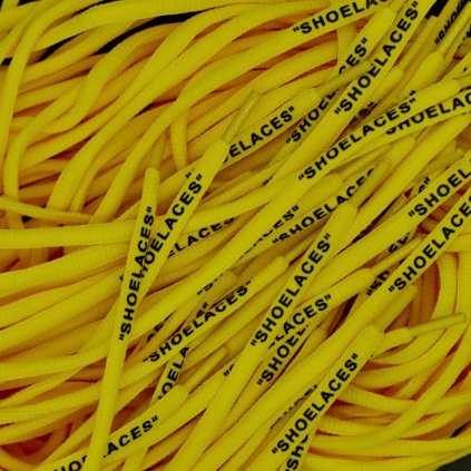 Yellow Off-White oval replacement shoelaces with “SHOELACES” print — built for Nike Air Force 1, Air Jordan, Dunk and Air Max.