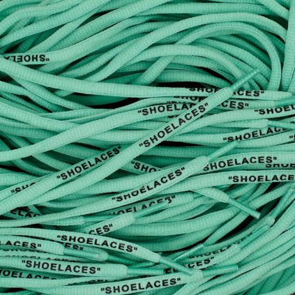 Turquoise Off-White oval replacement shoelaces with “SHOELACES” print — tuned for Nike Air Force 1, Air Jordan, Dunk and Air Max.