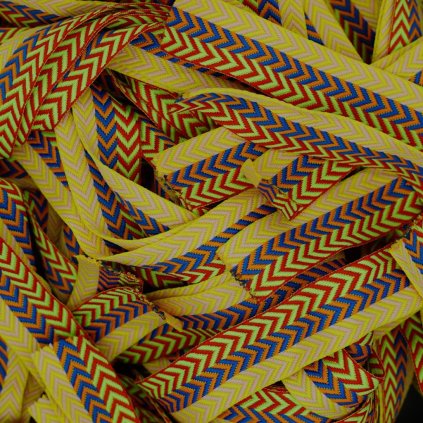 Lanvin Curb yellow–red–blue fat shoelaces — extra-wide (~3 cm) tri-colour overlay laces for the signature chunky Curb aesthetic.