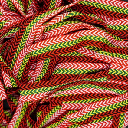 Lanvin Curb red–yellow–black fat shoelaces — extra-wide (~3 cm) gradient/tri-colour overlay laces for the signature chunky Curb look.