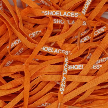 Orange Off-White flat waxed shoelaces with “SHOELACES” print — vivid flat replacements for Nike Air Force 1, Air Jordan 1, Dunk and Air Max (Off-White collabs).