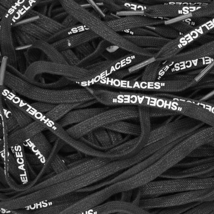 Black Off-White flat waxed shoelaces with “SHOELACES” print — premium flat replacements for Nike Air Force 1, Air Jordan 1, Dunk and Air Max (Off-White collabs).