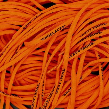 Orange Off-White oval replacement shoelaces with “SHOELACES” print — tailored for Nike Air Force 1, Air Jordan, Dunk and Air Max low-tops.