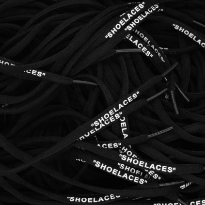 Black Off-White oval replacement shoelaces with “SHOELACES” print — designed for Nike Air Force 1, Air Jordan, Dunk and Air Max.