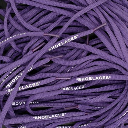 Purple Off-White oval replacement shoelaces with “SHOELACES” print — designed for Nike Air Force 1, Air Jordan, Dunk and Air Max.