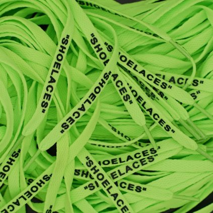 Green Off-White flat replacement shoelaces with “SHOELACES” print — clean flat profile for Nike AF1, Air Jordan 1, Dunk and Air Max.