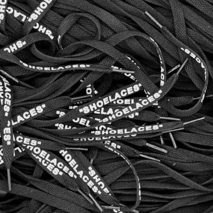 Black Off-White flat replacement shoelaces with “SHOELACES” print — crisp flat profile for Nike Air Force 1, Air Jordan 1, Dunk and Air Max.