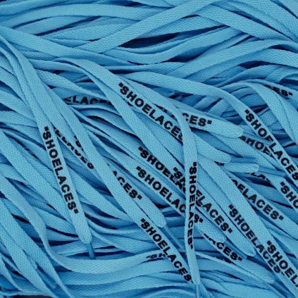 Baby blue Off-White flat replacement shoelaces with “SHOELACES” print — sleek flat profile for Nike AF1, Air Jordan 1, Dunk and Air Max.