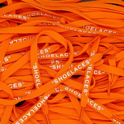 Orange Off-White flat replacement shoelaces with “SHOELACES” print — sharp flat profile for Nike Air Force 1, Air Jordan 1, Dunk and Air Max.