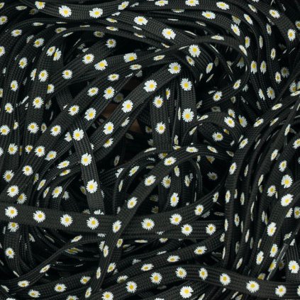 Black flat shoelaces with white daisy flower print, 8 mm wide, 140 cm long