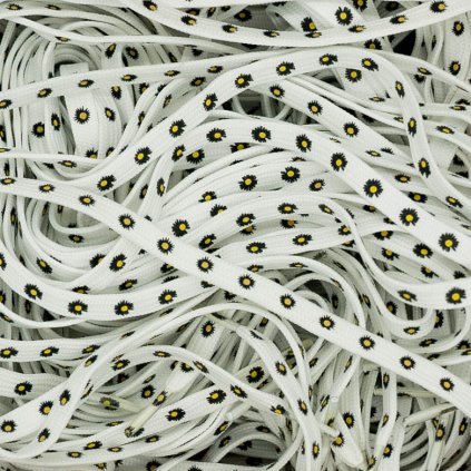 White Daisy flat shoelaces – white shoelaces with black flower print, 8 mm wide, 140 cm long