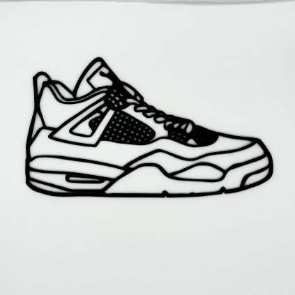 AJ4 silhouette wall art with wings and mesh outline mounted above sneaker shelves