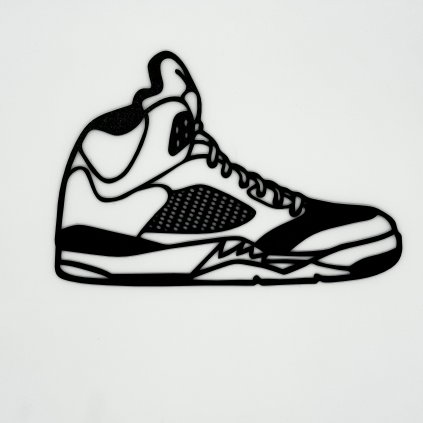 AJ5 silhouette wall art with shark-teeth midsole and mesh outline mounted above sneaker shelves