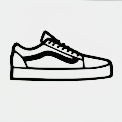 Vans Old Skool silhouette wall art with side stripe in a monochrome finish mounted above shelves