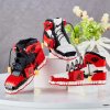 Multiple AJ1 “Bred” Sneaker Bricks builds arranged for display
