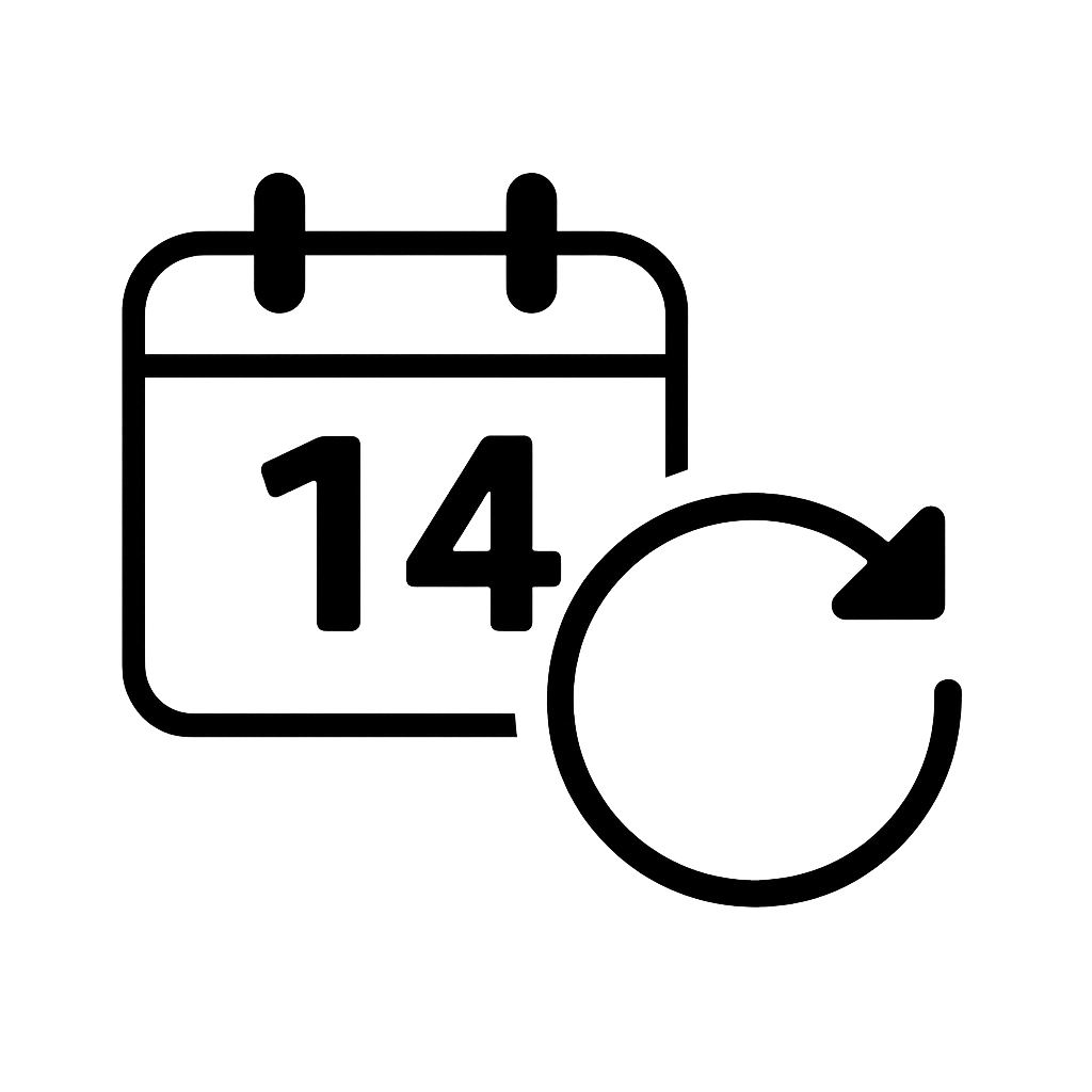 Ikona možnosti vrácení zboží do 14 dnů – kalendář s číslem 14 a šipkou symbolizující vrácení