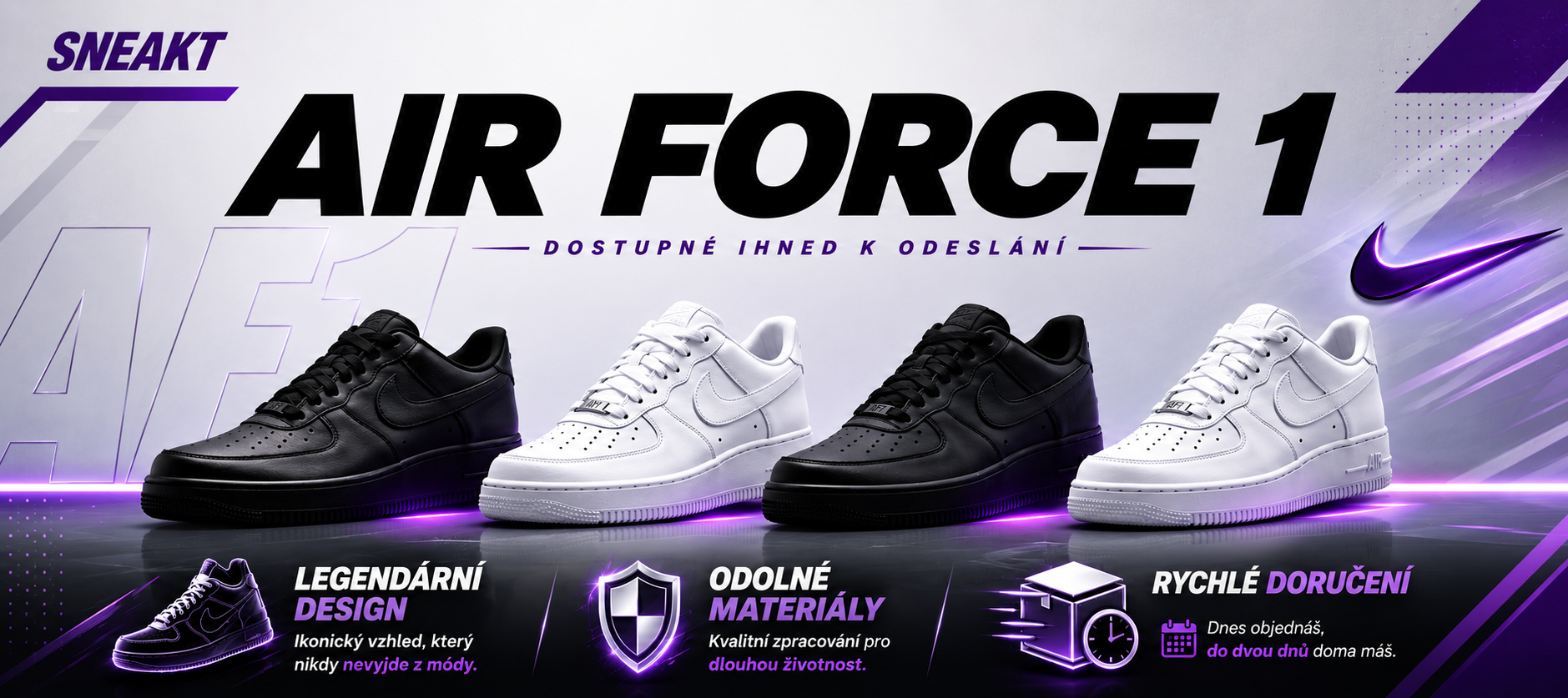 Nike Air Force 1 White patří mezi nejikoničtější tenisky všech dob. Nadčasový all white design, maximální pohodlí a univerzální styl dělají z Air Force 1 White perfektní sneakers pro každý outfit.  Ve Sneakt máme Air Force 1 White ihned k odeslání za nejl