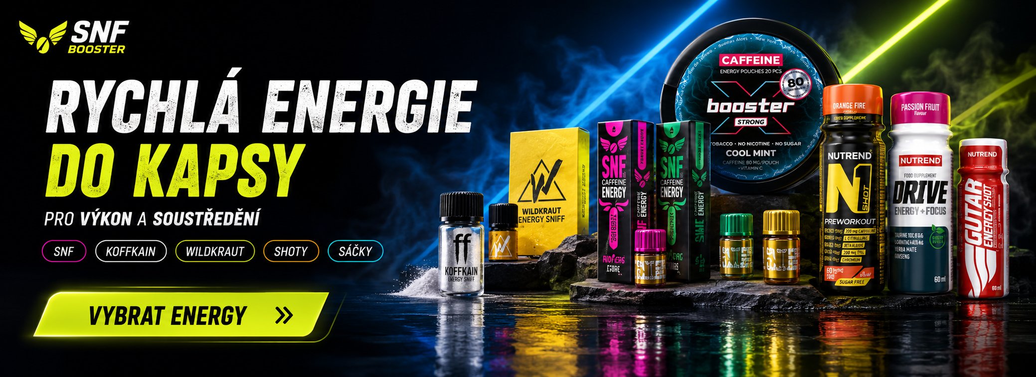 Energy produkty SNF Booster – SNF, KOFFKAIN, Wildkraut, shoty a sáčky