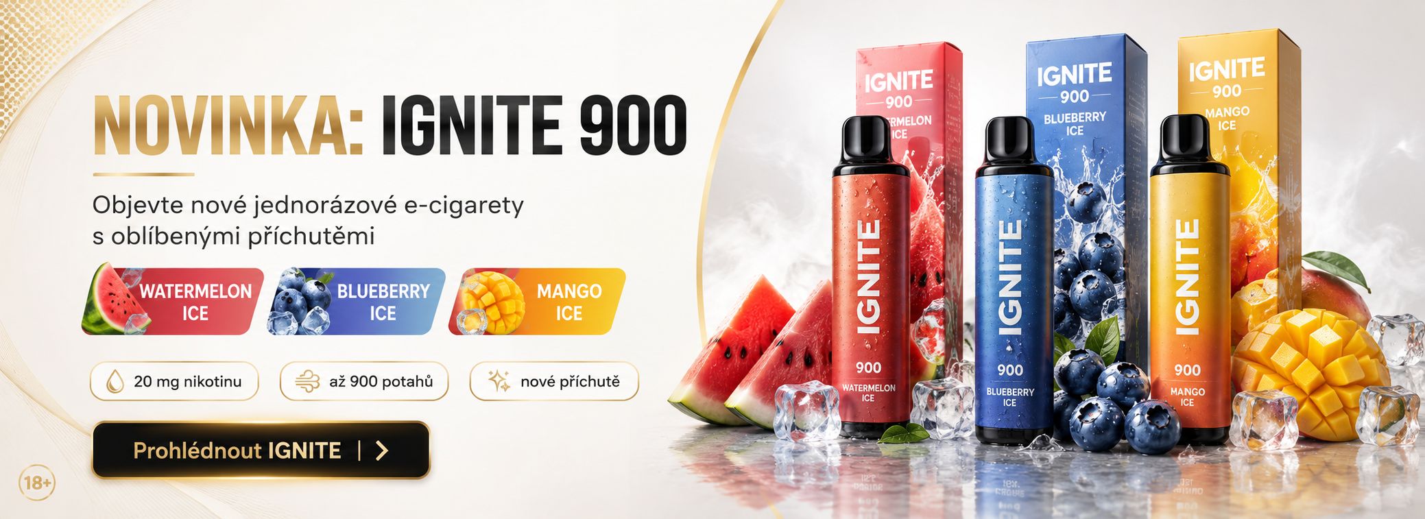 IGNITE 900 - jednorázové e-cigarety Watermelon Ice, Blueberry Ice a Mango Ice