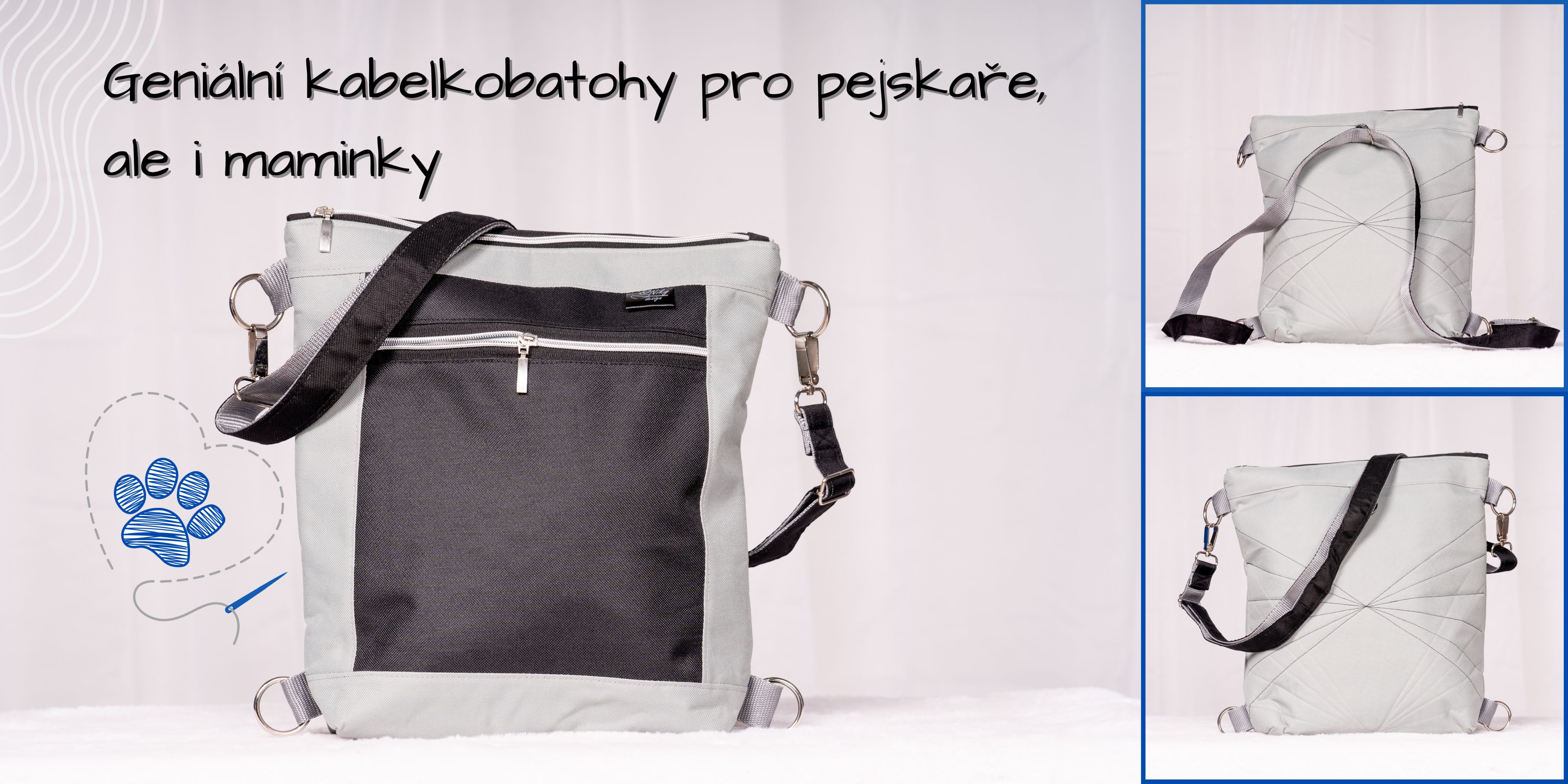 Detailní produktová koláž kabelkobatohu SNiky design v šedé barvě. Hlavní fotka ukazuje přední stranu s kapsami a logo s modrou tlapkou. Menší výřezy vpravo ukazují zadní stranu batohu s precizním prošíváním a popruhy pro variabilní nošení.