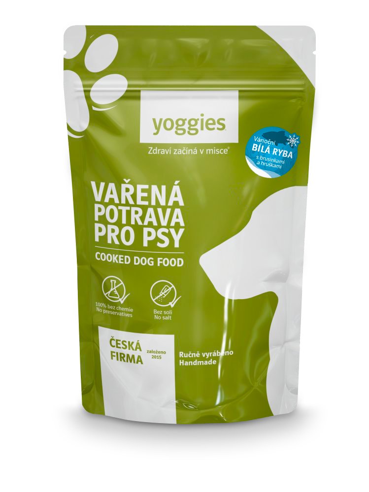 Yoggies Vařená potrava pro psy – Vánoční bílá ryba s brusinkami a hruškami 650g
