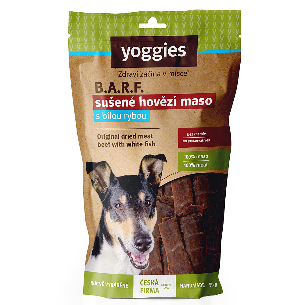 Yoggies sušené hovězí maso s rybou pro psy, (proužky) 50g