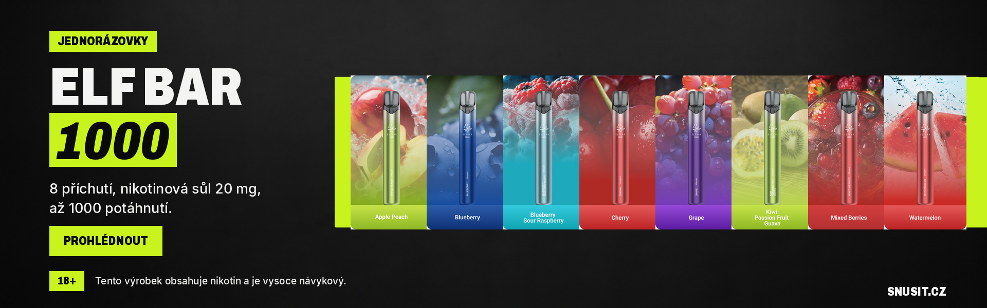 Jednorázové e-cigarety Elf Bar 1000 v 8 příchutích, nikotinová sůl 20 mg